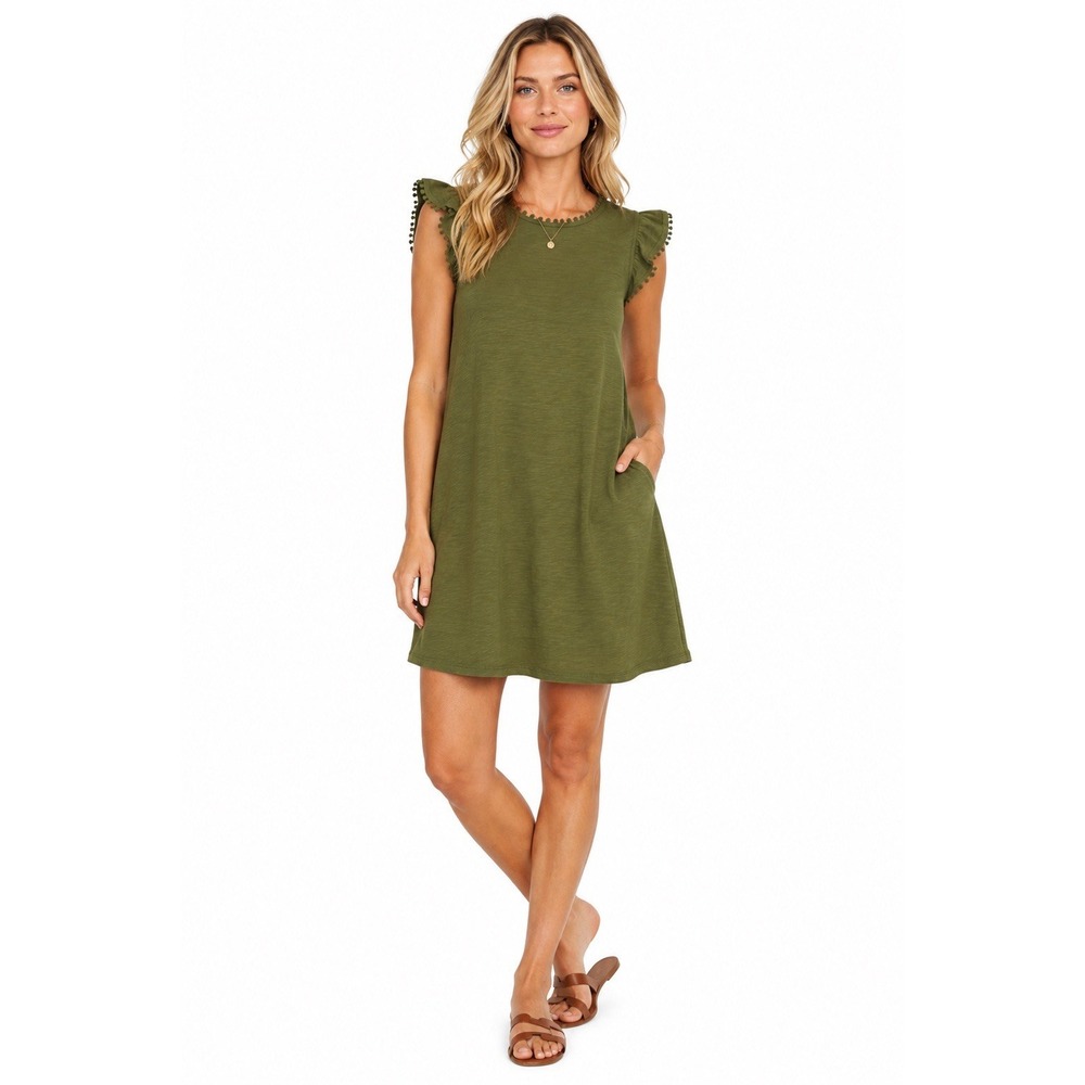 Boden Georgina Pom Ruffle Dress Olive Green A-Line Cotton Slub Mini Size 4